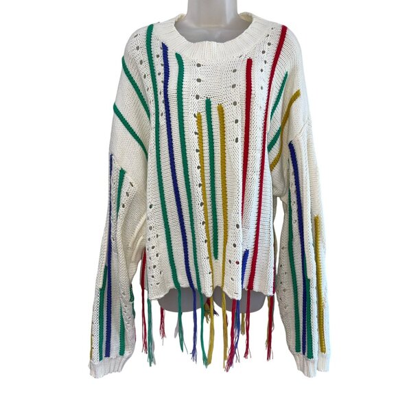 Davi & Dani Multicolor Fringe Knit Sweater L Relaxed Fit Long Sleeve Ivory - Picture 10 of 11